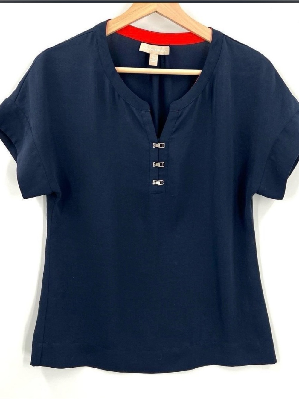 Banana Republic Navy Short Sleeve Top with Silver Hooks and Red Trim